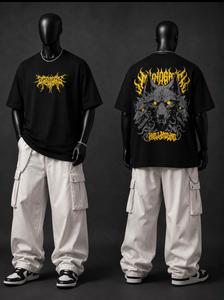 T-shirt noir surdimensionné imprimé tête de loup, style streetwear pour homme, manches courtes, col rond, 100% coton jersey, coupe douce - Product Image 1