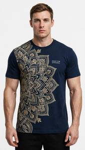 ONETEN APPAREL Camiseta de manga corta azul marino para hombre, cuello redondo, estampado geométrico de mandala dorado - Product Image 4