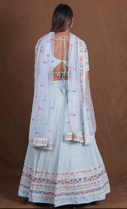 <b>Light</b> <b>Blue</b> Embroidered <b>Lehenga</b> Set Women Ethnic Dress Crop Top and Floor Length Skirt With Dupatta for Wedding Party - Product Image 2