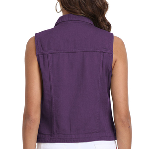 Women's Purple Denim Vest Solid Color Turn-down Collar Button Closure Casual Outer Wear Women's Denim Vest For Sale - Product Image 2
