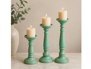 <b>Wooden</b> <b>Candlestick</b> Holder Set Cylindrical Shape Distressed White Finish Home Decoration Durable Design At Best Price - Product Image 2