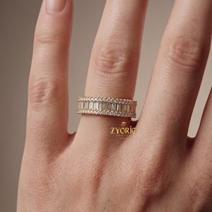 Anillo de compromiso y eternidad con diamantes cultivados en laboratorio, corte baguette y redondo, chapado en plata, regalo de lujo para aniversario de bodas para mujer - Product Image 3