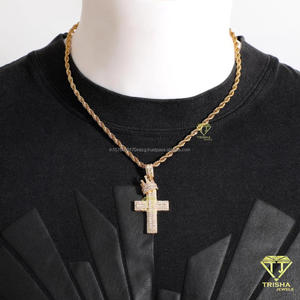Fully Flooded Cross Pendant Necklace with VVS Moissanite Diamonds and Crown Detail in 925 Sterling Silver - Product Image 2