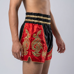 Custom Black Red Men Muay Thai Shorts Metallic Gold <b>Applique</b> Patches Kickboxing Trunks Wholesale Custom Logo MMA Fighting Shorts - Product Image 4