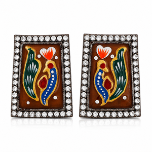 Bulk Price Antique <b>Silver</b> Plated Cute Geometric Bezel Setting Traditional Hand Painted Minakari Artwork <b>Stud</b> <b>Earrings</b> Women - Product Image 1
