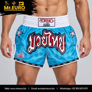 Pantalones Cortos de Muay Thai MMA para Hombre, Logotipo Frontal, Sublimación Azul, Transpirables, de Secado Rápido, 100% Poliéster, 160g, Personalizados para Kickboxing - Product Image 3