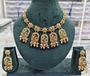 South Indian Wedding Bridal Antique Gold Plated Temple Jewelry Set Green Enamel <b>Elephant</b> Peacock Motif <b>Necklace</b> Dangle Earrings - Product Image 3
