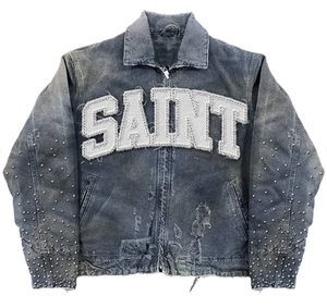 Custom Designer Vintage Oversized <b>Denim</b> Jacket Chenille Letter Patch Distressed Rhinestone Zip Up Streetwear Winter Jean <b>Coat</b> - Product Image 4