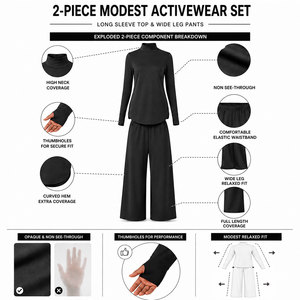 Conjunto Deportivo Modesto de 2 Piezas con Cuello Alto y Orificios para Pulgares, Elástico en 4 Direcciones, Top de Manga Larga y Pantalones Anchos, Marca Privada - Product Image 3