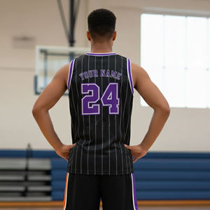 Custom Sublimated Men's Basketball Jersey Sleeveless Black <b>Purple</b> Striped Moisture Wicking Athletic Fit - Product Image 2