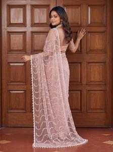 Indian Modern Style <b>Net</b> Material Saree with Bidds Handwork Embroidered Saree for Festival and Wedding Wear Collections for Women - Product Image 6