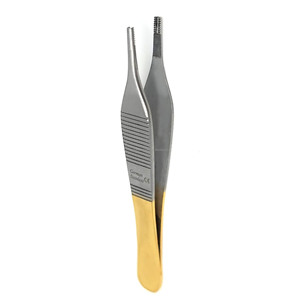 คีมจับเนื้อเยื่อทังสเตนคาร์ไบด์ TC Adson ด้ามทอง ขนาด 4.75 นิ้ว ปลายตรง ปลายละเอียด เครื่องมือผ่าตัด ขายส่ง - Product Image 1