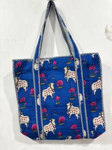 Handmade Quilted Cotton Kantha <b>Stitch</b> Bags Zipper Closure Bohemian Style Artisan Detailing for Shopping Travel Gifting Crafts - Product Image 3