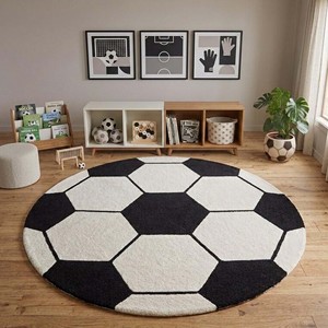 Kids Soccer Ball <b>Round</b> Area <b>Rug</b> Black <b>White</b> Football Pattern Hand Tufted Wool Carpet Playroom Bedroom Nursery Decor Soft - Product Image 3