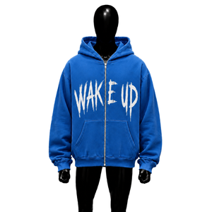 เสื้อฮู้ดซิปสีน้ำเงิน พิมพ์ลาย Wake Up สไตล์สตรีทแวร์ เสื้อฮู้ดซิปเต็มตัวสำหรับผู้ชาย แฟชั่นลำลองแนว Urban เสื้อผ้าลำลอง ลดราคา - Product Image 1