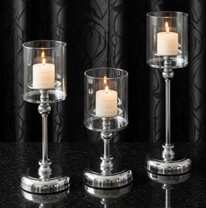 Wholesale <b>Set</b> of 3 Silver Chrome Glass Hurricane <b>Candle</b> Holders Modern Tall Metal Pillar <b>Candle</b> Stands with Glass Hurricane - Product Image 1