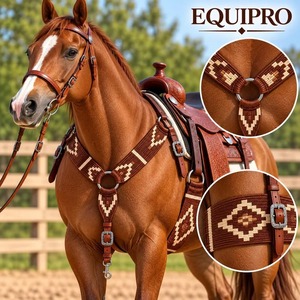 EQUIPO: Conjunto de Cinturón y Collar de Pecho para Caballo de Cuero Trenzado y Lana, Patrón Geométrico Marrón con Hebillas Concho, Uttar Pradesh - Product Image 3