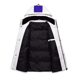 Blouson long matelassé blanc pour homme avec empiècements bleus, coupe-vent, décontracté, fermeture éclair frontale, coupe ajustée, rembourrage épais en polyester - Product Image 1