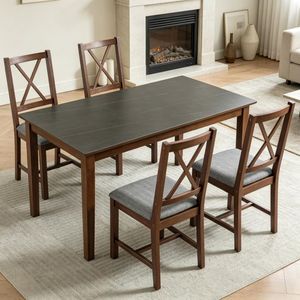 Set di 4 Sedie da Pranzo in Legno Massello e Tessuto Stile Fattoria per Soggiorni e Bar - Product Image 1