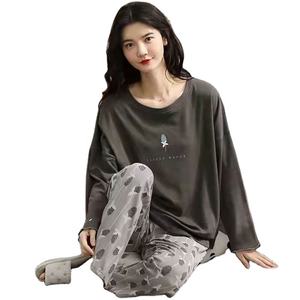 High Quality Indian Cotton Pajamas Set Custom Pattern Letter Printed Knitted Jersey Biowashed Summer Autumn Spring <b>Women's</b> - Product Image 5