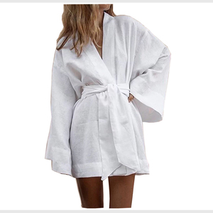 Kimono de Lino de Lujo con Cuello en V y Manga Tres Cuartos para Mujer, Vestido Corto Transpirable de Color Sólido para Verano, Otoño y Primavera - Product Image 3