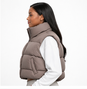 Chaleco acolchado de cuello alto color taupe para mujer, chaleco acolchado sin mangas, chaleco acolchado de poliéster para invierno para mujer, más vendido. - Product Image 3