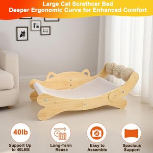 Lit-griffoir de luxe 3-en-1 pour chats d'intérieur - Hamac et perchoir en sisal et bois massif avec base stable - Product Image 4