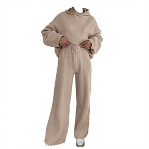 Ensemble décontracté deux pièces pour femme en tricot côtelé à capuche, coupe régulière, survêtement long, couleur unie, Spandex/Polyester, avec poches, toutes saisons - Product Image 5