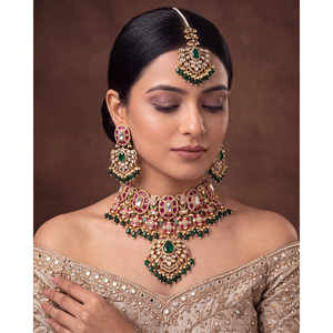 Indian Ethnic Devanshi Victorian Semi <b>Bridal</b> Gold Plated Choker <b>Necklace</b> & <b>Earring</b> <b>Set</b> - Product Image 1
