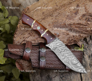 Cuchillo de Caza de Hoja Fija de Acero de Damasco con Mango de Madera, Punta Clip, Filo Recto, Grado Industrial, Supervivencia al Aire Libre, 8 Pulgadas de Longitud Total - Product Image 3