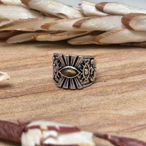 Eye Symbol Gold Statement <b>Ring</b> for <b>Men</b> Silver Plated Marquise Cut Tiger Eye Gift Tribal Protection Design Wholesale - Product Image 2