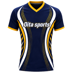 Manufacturer Custom Navy Blue Yellow Sublimated Volleyball Jersey Short Sleeve Athletic Team Sports Shirt Match Game Apparel - Product Image 1