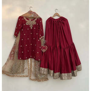 Vestidos de Noche Rojos con Hermoso Trabajo de Moti FD, Ropa de Fiesta, Top Sarara Dupatta, Talla L - Product Image 2