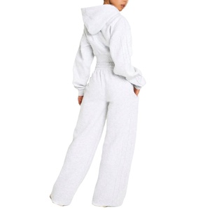 Ensemble de survêtement gris en polaire pour femme, comprenant un sweat à capuche court et un pantalon large, coupe oversize, avec cordons de serrage, direct usine - Product Image 2
