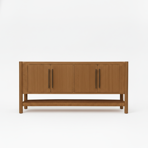 Buffet en bois tressé naturel à 4 portes avec étagère en rotin, meuble de rangement moderne en bois et tissu tressé, pieds ronds - Product Image 1