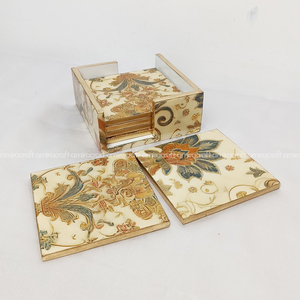 These premium cream floral square wood coasters with a <b>matching</b> <b>box</b> are available at wholesale prices for high-end gift stores. - Product Image 1