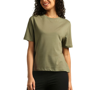 Nueva Llegada: Camiseta de Manga Corta con Cuello Redondo para Mujer, Color Verde Oliva, 100% Algodón, Corte Holgado, Tejido Jersey Informal, para Todas las Temporadas, en Oferta - Product Image 1
