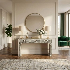 Console Art Déco avec incrustations géométriques pour la décoration d'entrée, mobilier moderne d'intérieur, forme rectangulaire, en bois - Product Image 6