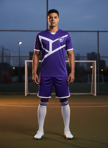 Uniforme de Fútbol Personalizado Premium Morado y Blanco - Conjunto Deportivo Transpirable de Malla 100% Poliéster con Logotipo Frontal Impreso por Transferencia Térmica - Product Image 5
