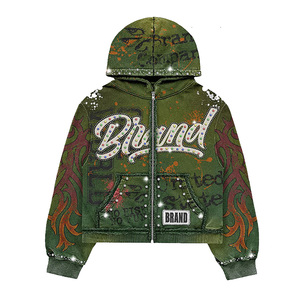 Men's Acid Wash Graphic Printed Hoodie And <b>Shorts</b> Custom Distressed Logo <b>Zip</b> Up Hoodie For Men With Rhinestones All Over - Product Image 2