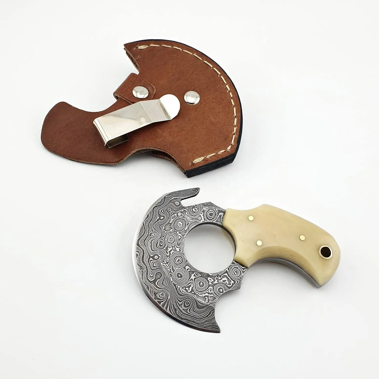 キャメルボーンハンドルとファインレザーシースブッチャーナイフキャンプナイフを備えた手作りのダマスカス鋼ミニスキナーナイフ