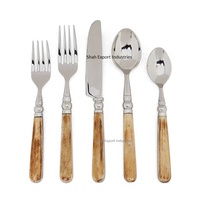 Ensemble de couverts classiques en acier inoxydable argenté avec manche en os brun, finition miroir, pour hôtels, restaurants, mariages et locations