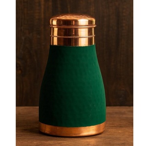 Handmade Copper Water Bottle With <b>Green</b> <b>Velvet</b> Sleeve Vintage Portable Drinkware - Product Image 1