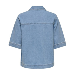 Camisa vaquera de talla grande para mujer, corte regular, top largo con dobladillo asimétrico, dos bolsillos, estilo retro, informal, para verano y otoño, con botones grandes. - Product Image 4