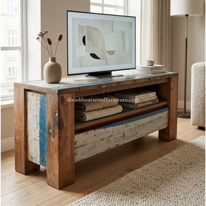 Sustainable Reclaimed Boat Wood TV <b>Cabinet</b> 1 Drawer 12cm Leg Solid Wood <b>Rustic</b> Recycled Timber Entertainment Unit Media Stand - Product Image 6