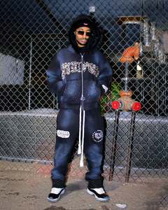 Custom High Quality Acid Wash Hoodie and Sweatpants Set Screen Print Rhinestone Streetwear Tracksuit - Product Image 6
