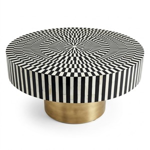 Mesa de centro geométrica con incrustaciones de hueso, de lujo, con rayas blancas y negras, ovalada, para sala de estar, venta al por mayor, muebles para hotel y hogar. - Product Image 4