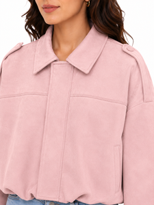 Livster Women's Cropped Pink <b>Suede</b> Bomber <b>Jacket</b> Breathable 100% Polyester Casual Short Drop-shoulder Long Sleeve - Product Image 4