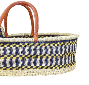 Factory modern blue and gold geometric high <b>wall</b> seagrass changing <b>basket</b> paired with rattan changing kid <b>basket</b> and straps - Product Image 3