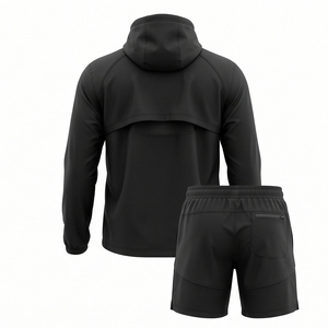Chaqueta cortavientos con capucha y cremallera al por mayor, conjunto de dos piezas con pantalones cortos a juego, chándal informal deportivo, abrigo cortavientos con logo personalizado - Product Image 2
